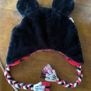 Disney Mickey Mouse Hat Ears W/Braids & hands, Black Fluffy & Fleece Beanie Ski